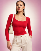 Double-Layer Scoop Neck Long Sleeve Top for Women – Buttery Soft, Slim Fit, Non See-Through