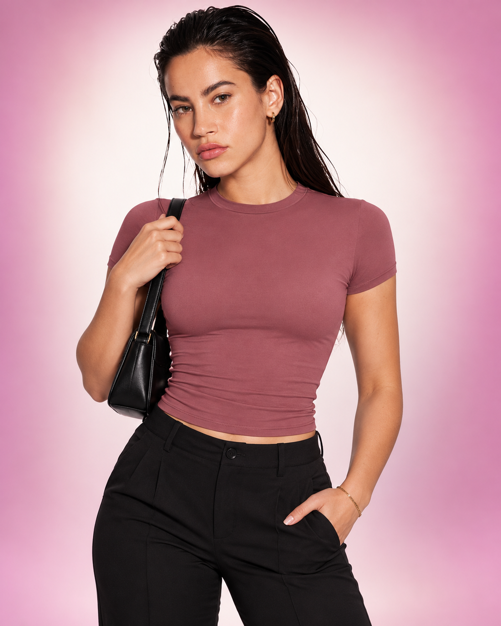 Snatched Fitted Crew Neck T-Shirt for Women – Double-Layer, Buttery Soft, Non See-Through