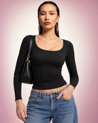 Double-Layer Scoop Neck Long Sleeve Top for Women – Buttery Soft, Slim Fit, Non See-Through