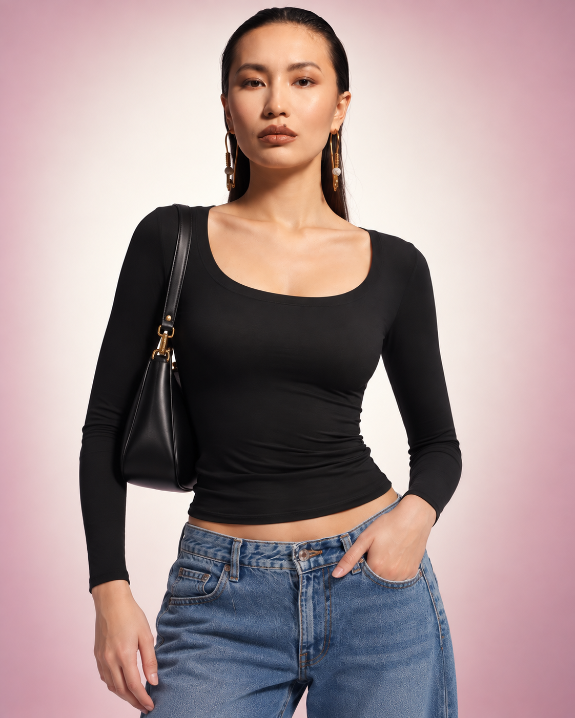Double-Layer Scoop Neck Long Sleeve Top for Women – Buttery Soft, Slim Fit, Non See-Through
