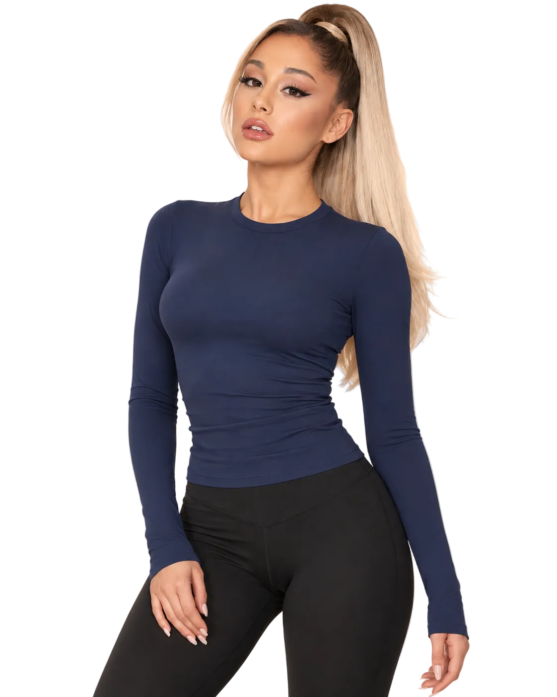Second-Skin Long Sleeve Top for Women – Mock Neck, Thumbholes, Non See-Through