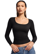 Double-Layer Scoop Neck Long Sleeve Top for Women – Buttery Soft, Slim Fit, Non See-Through