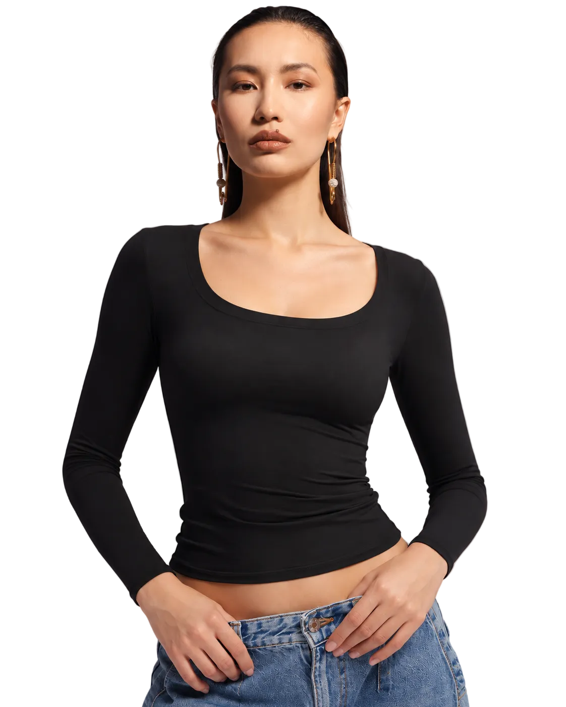 Double-Layer Scoop Neck Long Sleeve Top for Women – Buttery Soft, Slim Fit, Non See-Through