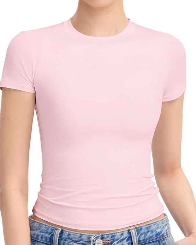 Snatched Fitted Crew Neck T-Shirt for Women – Double-Layer, Buttery Soft, Non See-Through